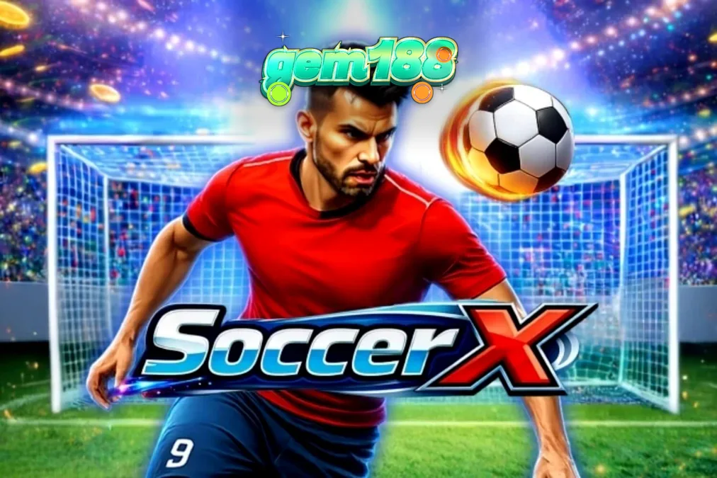 Tampilan antarmuka permainan slot SoccerX dengan tema stadion sepak bola