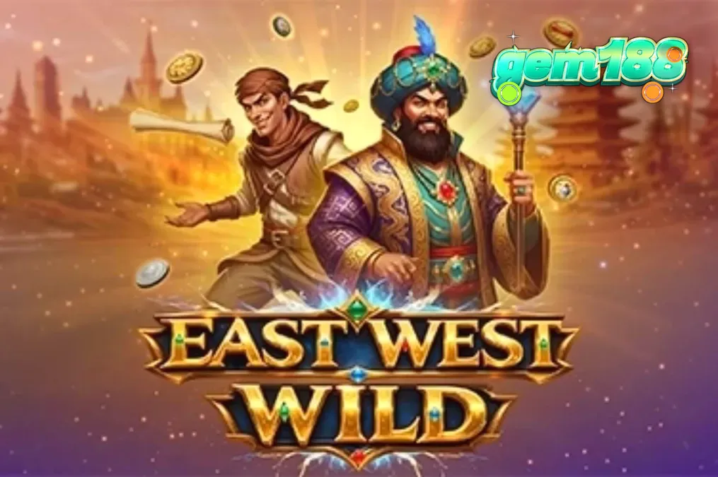 Tampilan visual slot East West Wild dengan latar belakang gurun dan simbol emas